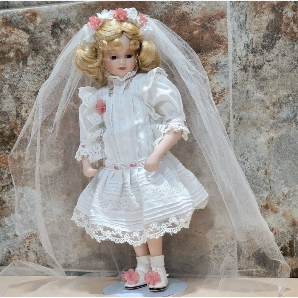 Royalton Porcelain Bride Doll White Dress Lace Trim Veil Flower Crown 1998